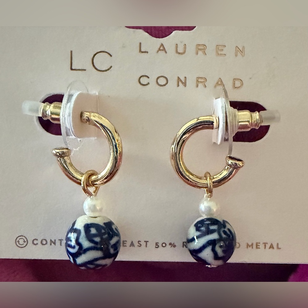 LC Lauren Conrad Gold Hoop Earrings with Blue and White Dangle Beads